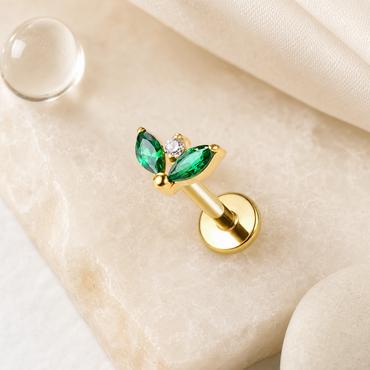 EMCZ ASTM F136 Titanium Flat Back - Gold, Threadless, 16G, 1.2 x 8+4 mm — styled flat lay (P-FB-0179-G01)