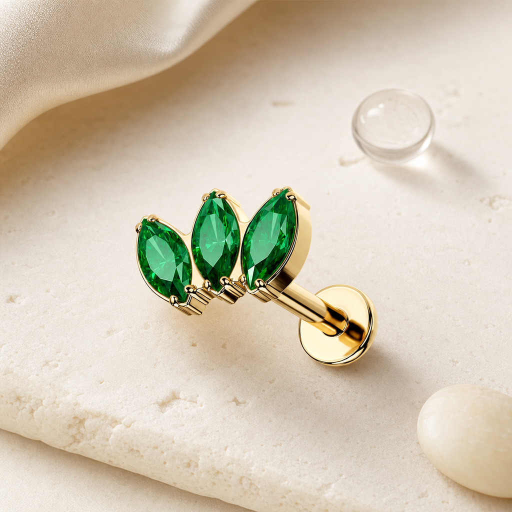 EMCZ ASTM F136 Titanium Flat Back - Gold, Threadless, 16G, 1.2 x 8+4 mm — styled flat lay (P-FB-0180-G01)