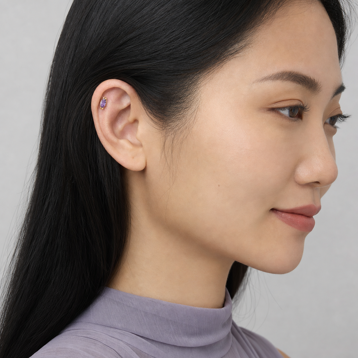 Amethyst ASTM F136 Titanium Flat Back - Gold, Internally Threaded, 16G, 1.2 x 6+4 mm — wearing view four (P-FB-0181-G01)