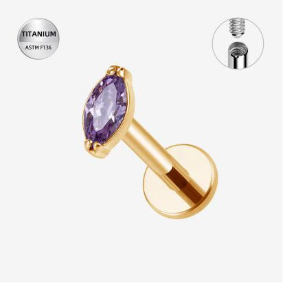 Amethyst ASTM F136 Titanium Flat Back - Gold, Internally Threaded, 16G, 1.2 x 6+4 mm — product detail views (P-FB-0181-G01)