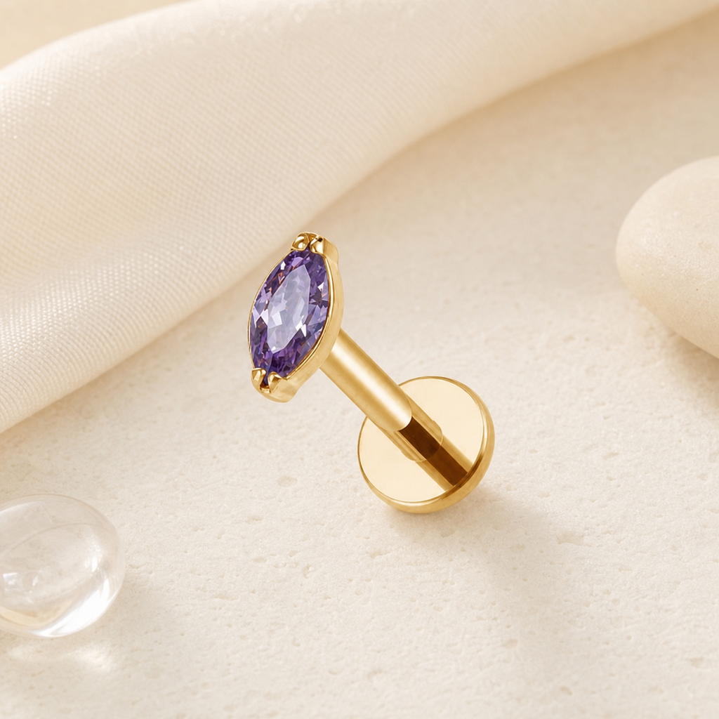 Amethyst ASTM F136 Titanium Flat Back - Gold, Internally Threaded, 16G, 1.2 x 6+4 mm — styled flat lay (P-FB-0181-G01)