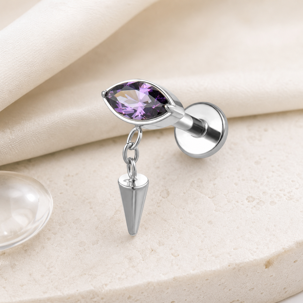 Purple ASTM F136 Titanium Flat Back - Silver, Threadless, 16G, 1.2 x 6 mm — styled flat lay (P-FB-0182-S01)