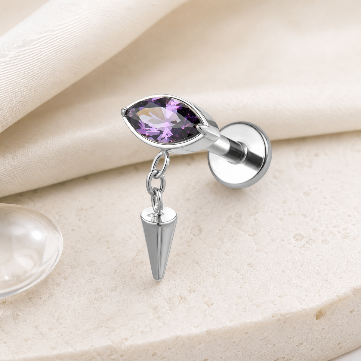 Purple ASTM F136 Titanium Flat Back - Silver, Threadless, 16G, 1.2 x 6 mm — styled flat lay (P-FB-0182-S01)
