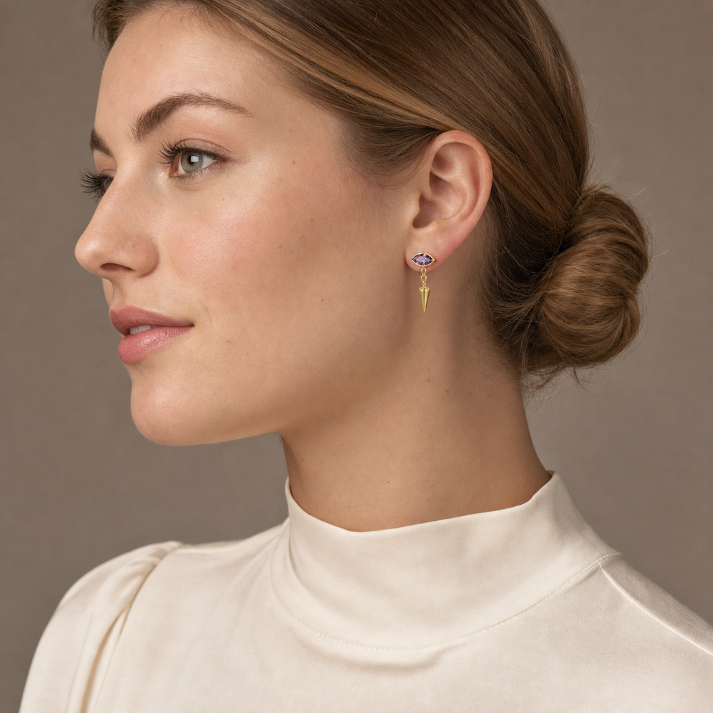 Purple CZ ASTM F136 Titanium Flat Back - Gold, Threadless, 16G, 1.2 x 6+5+4 mm — wearing view two (P-FB-0183-G01)