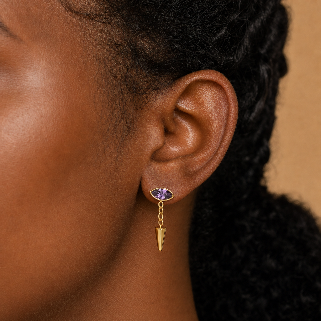 Purple CZ ASTM F136 Titanium Flat Back - Gold, Threadless, 16G, 1.2 x 6+5+4 mm — wearing view three (P-FB-0183-G01)