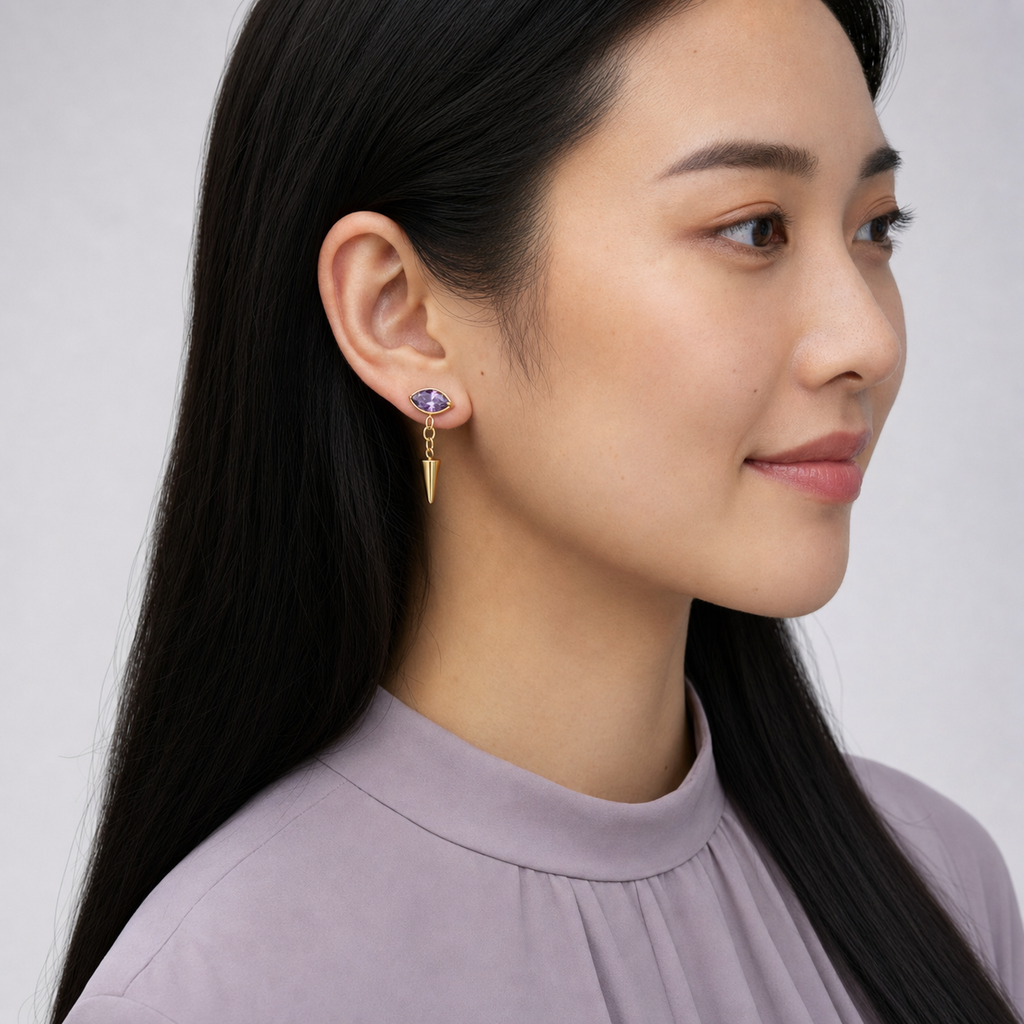 Purple CZ ASTM F136 Titanium Flat Back - Gold, Threadless, 16G, 1.2 x 6+5+4 mm — wearing view four (P-FB-0183-G01)