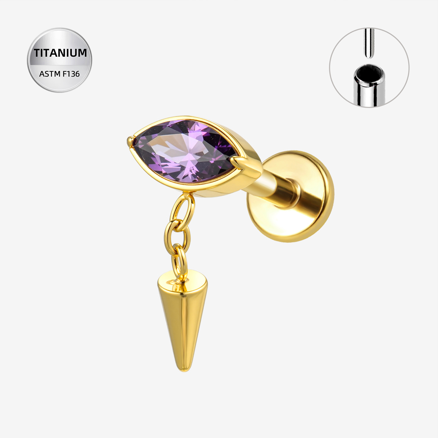 Purple CZ ASTM F136 Titanium Flat Back - Gold, Threadless, 16G, 1.2 x 6+5+4 mm — product detail views (P-FB-0183-G01)