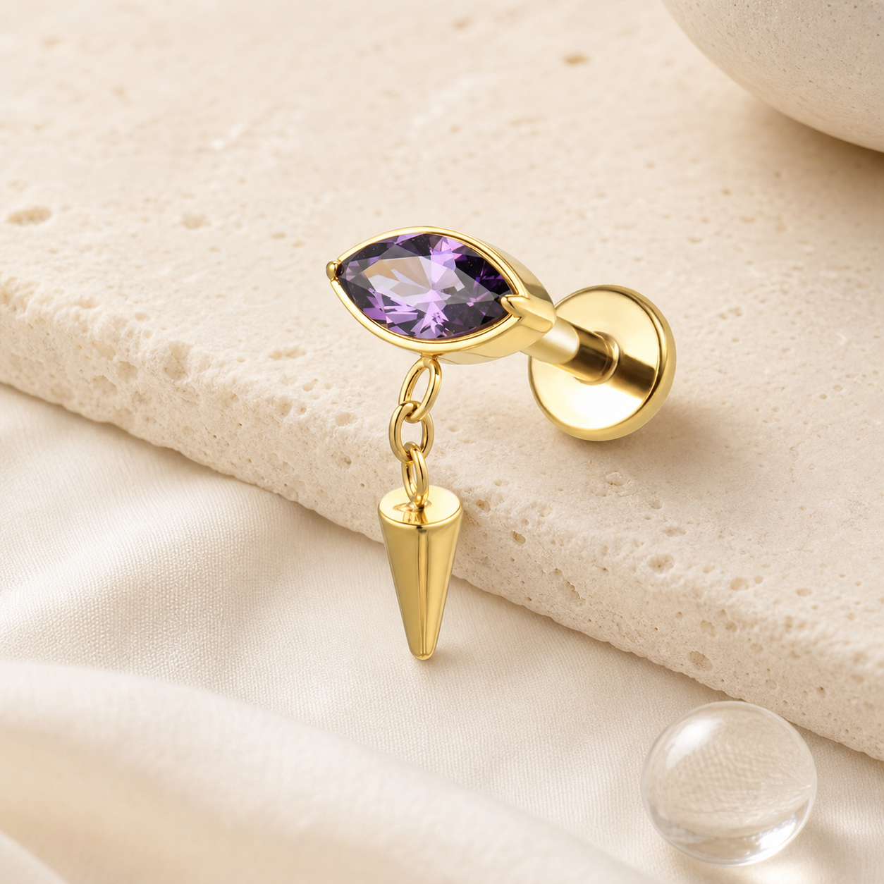 Purple CZ ASTM F136 Titanium Flat Back - Gold, Threadless, 16G, 1.2 x 6+5+4 mm — styled flat lay (P-FB-0183-G01)