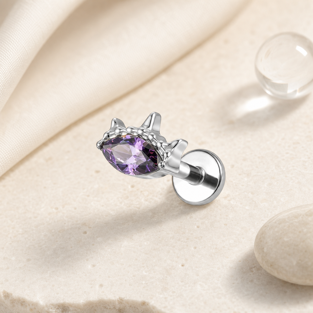Purple ASTM F136 Titanium Flat Back - Silver, Threadless, 16G, 1.2 x 6 mm — styled flat lay (P-FB-0184-S01)