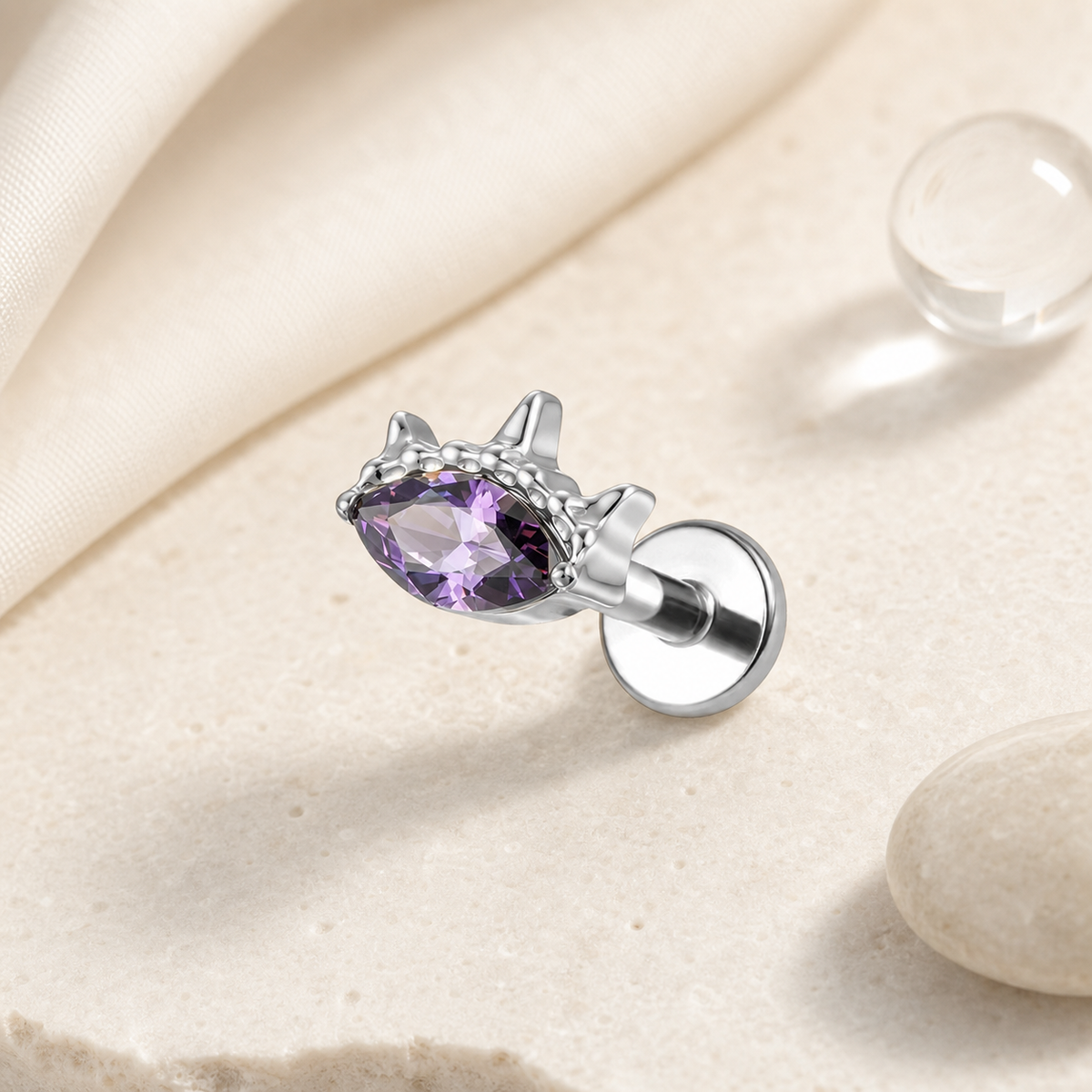 Purple ASTM F136 Titanium Flat Back - Silver, Threadless, 16G, 1.2 x 6 mm — styled flat lay (P-FB-0184-S01)