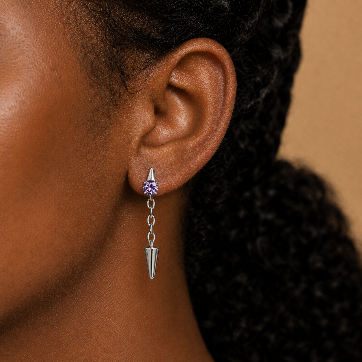 Purple ASTM F136 Titanium Flat Back - Silver, Threadless, 16G, 1.2 x 6 mm — wearing view three (P-FB-0185-S01)