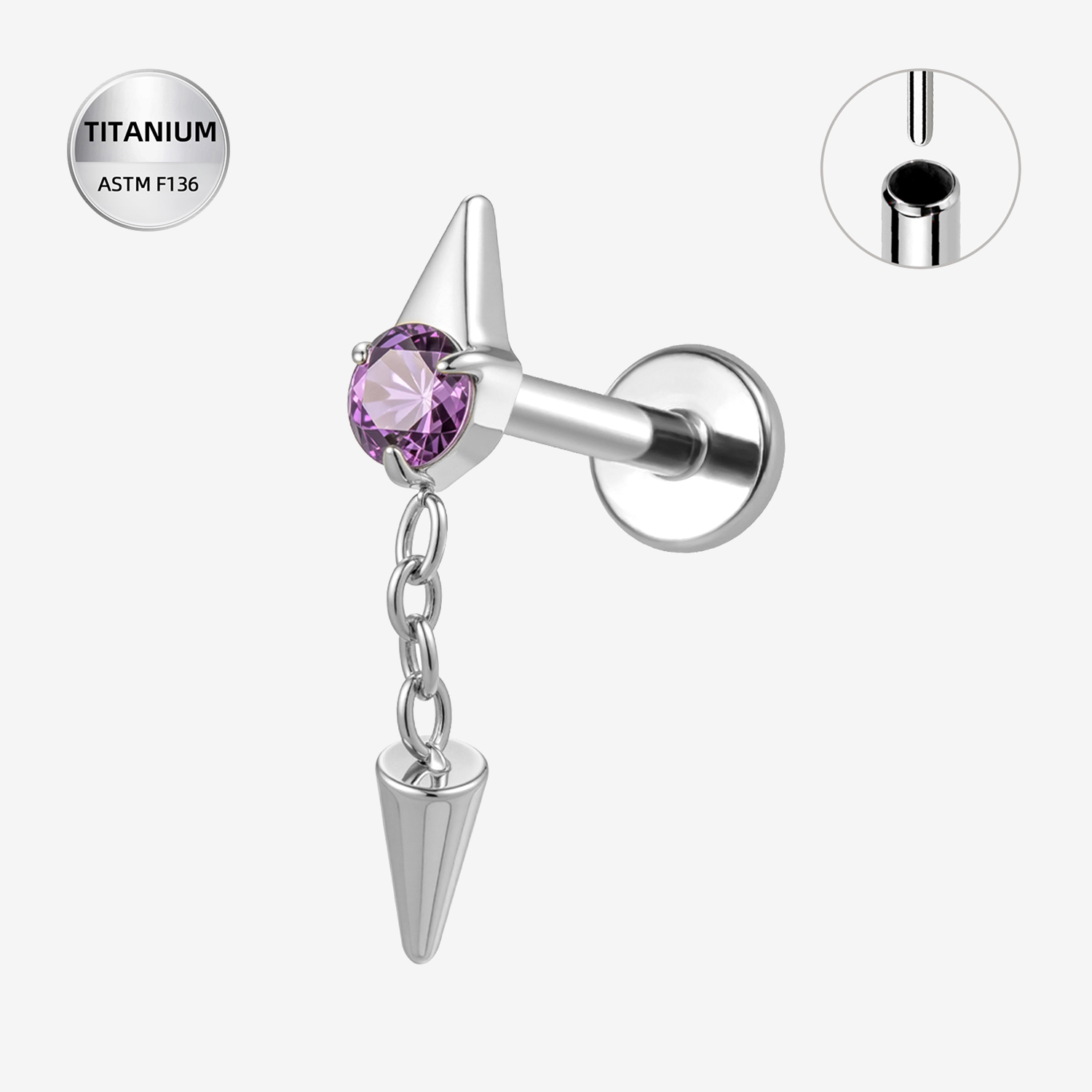 Purple ASTM F136 Titanium Flat Back - Silver, Threadless, 16G, 1.2 x 6 mm — product detail views (P-FB-0185-S01)
