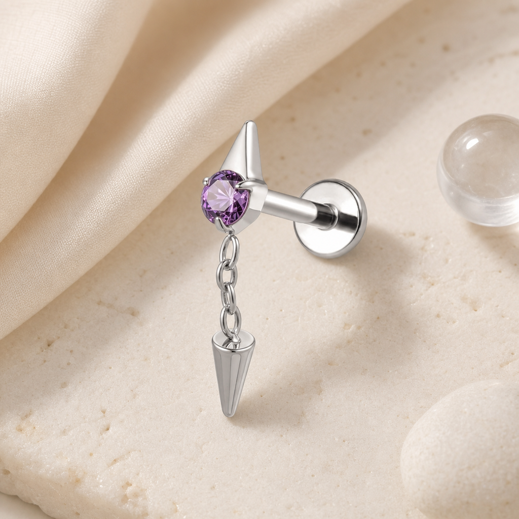 Purple ASTM F136 Titanium Flat Back - Silver, Threadless, 16G, 1.2 x 6 mm — styled flat lay (P-FB-0185-S01)