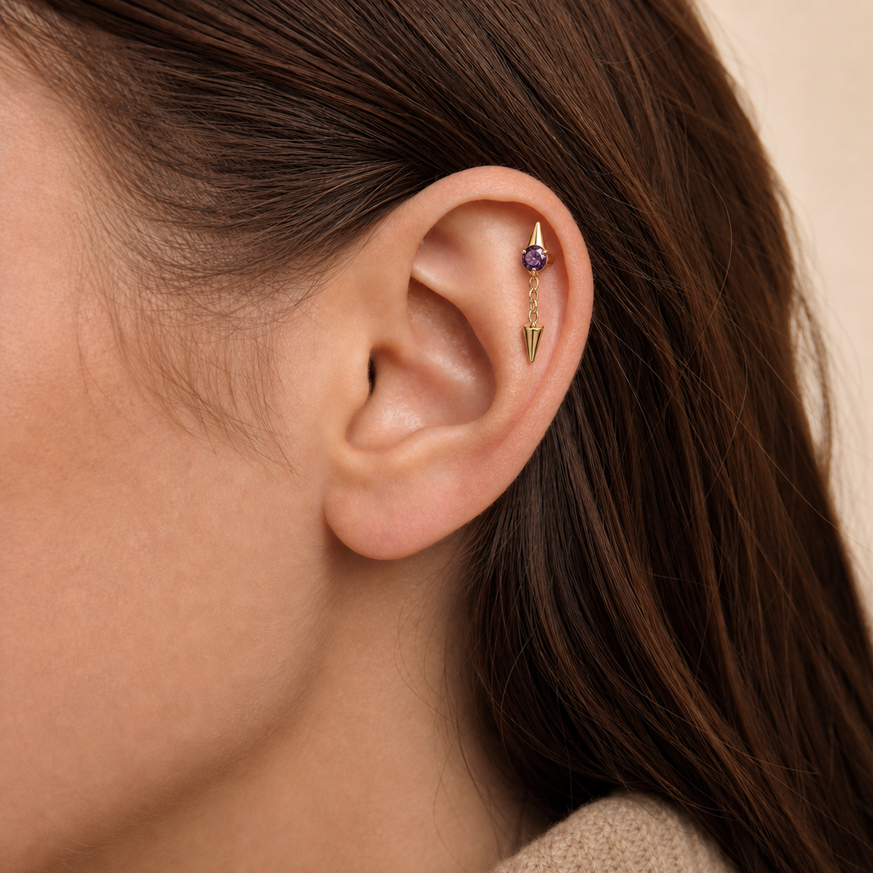 Purple ASTM F136 Titanium Flat Back - Gold, Threadless, 16G, 1.2 x 8+3+4 mm — wearing view one (P-FB-0186-G01)
