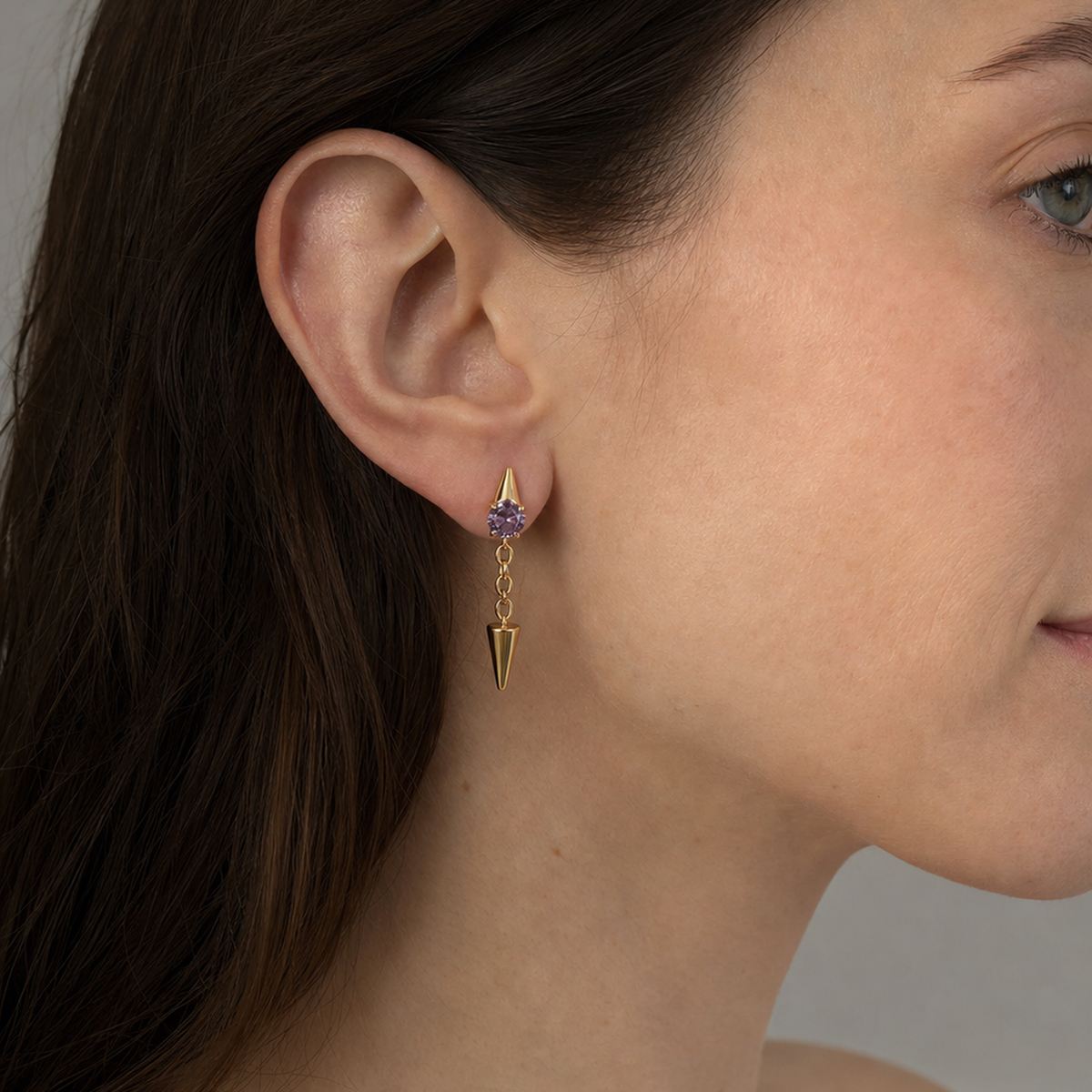 Purple ASTM F136 Titanium Flat Back - Gold, Threadless, 16G, 1.2 x 8+3+4 mm — wearing view two (P-FB-0186-G01)