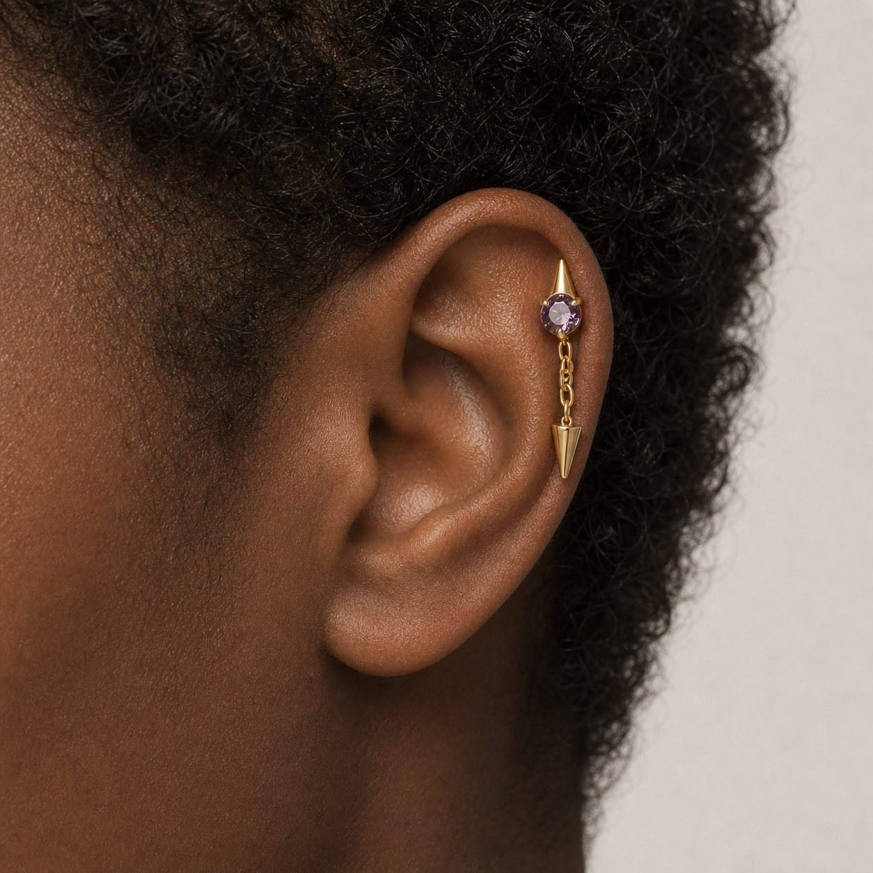 Purple ASTM F136 Titanium Flat Back - Gold, Threadless, 16G, 1.2 x 8+3+4 mm — wearing view two (P-FB-0186-G01)