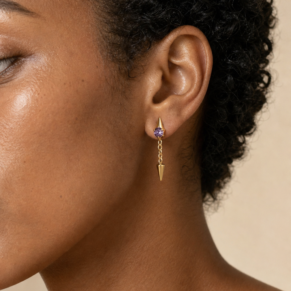 Purple ASTM F136 Titanium Flat Back - Gold, Threadless, 16G, 1.2 x 8+3+4 mm — wearing view three (P-FB-0186-G01)