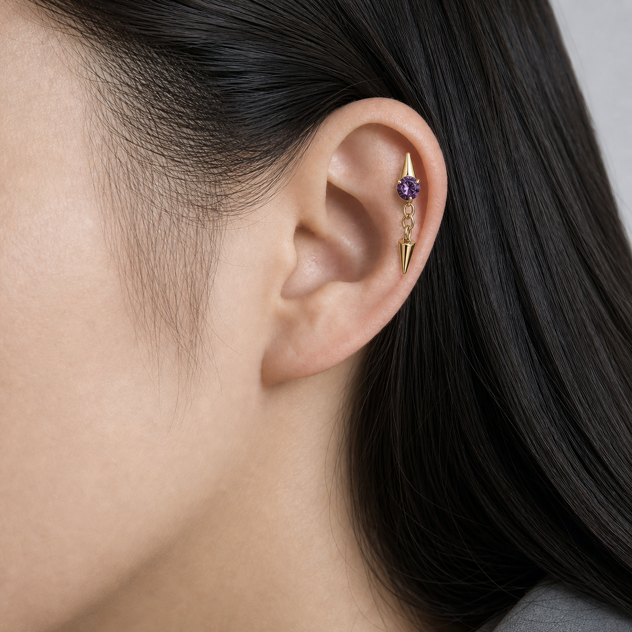 Purple ASTM F136 Titanium Flat Back - Gold, Threadless, 16G, 1.2 x 8+3+4 mm — wearing view three (P-FB-0186-G01)