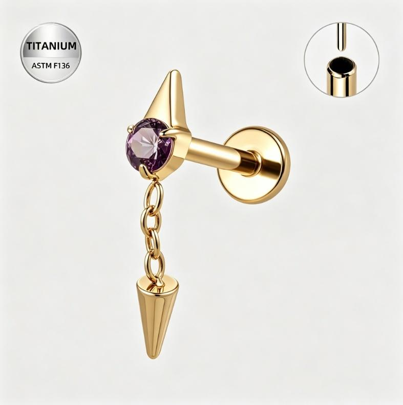 Purple ASTM F136 Titanium Flat Back - Gold, Threadless, 16G, 1.2 x 8+3+4 mm — product detail views (P-FB-0186-G01)