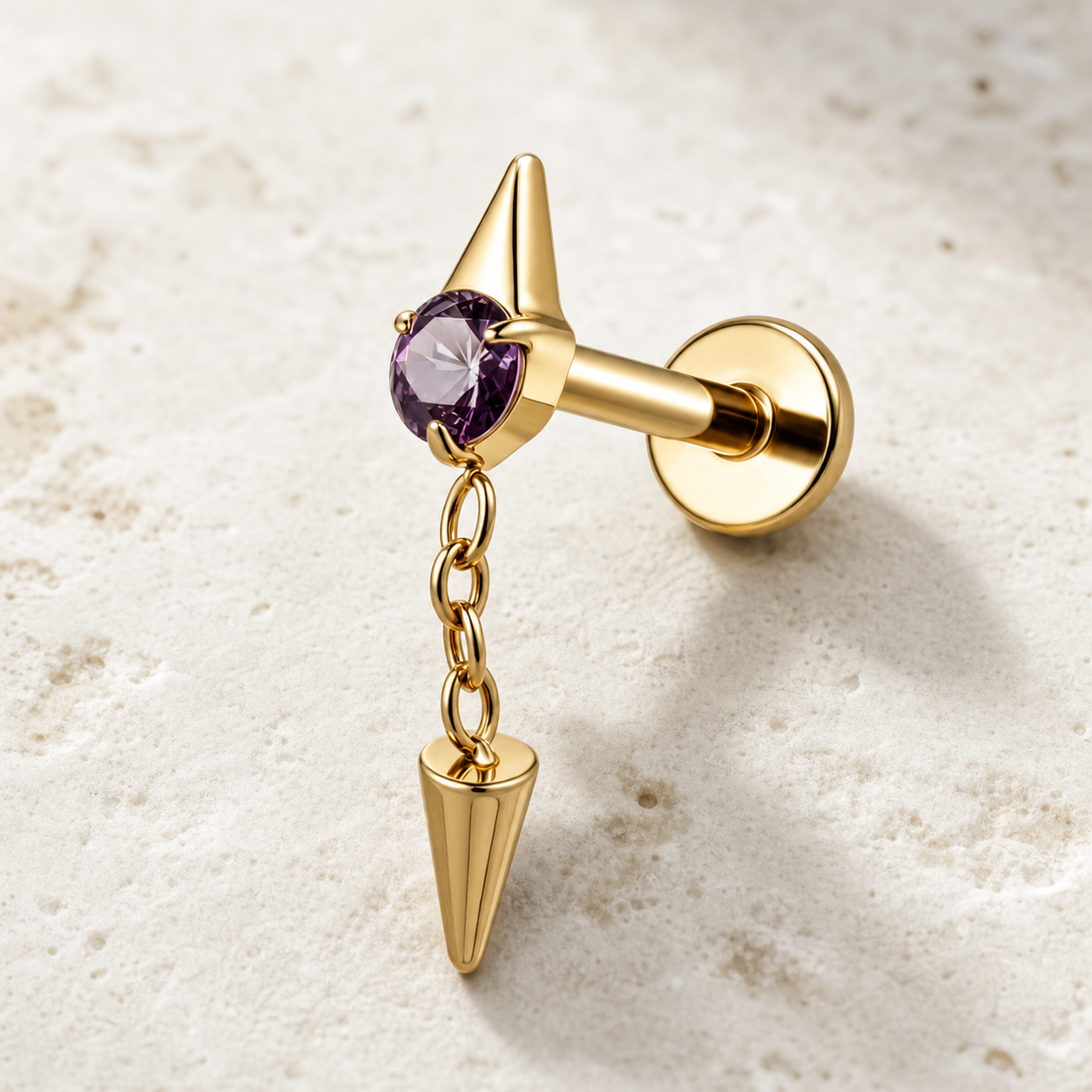 Purple ASTM F136 Titanium Flat Back - Gold, Threadless, 16G, 1.2 x 8+3+4 mm — styled flat lay (P-FB-0186-G01)