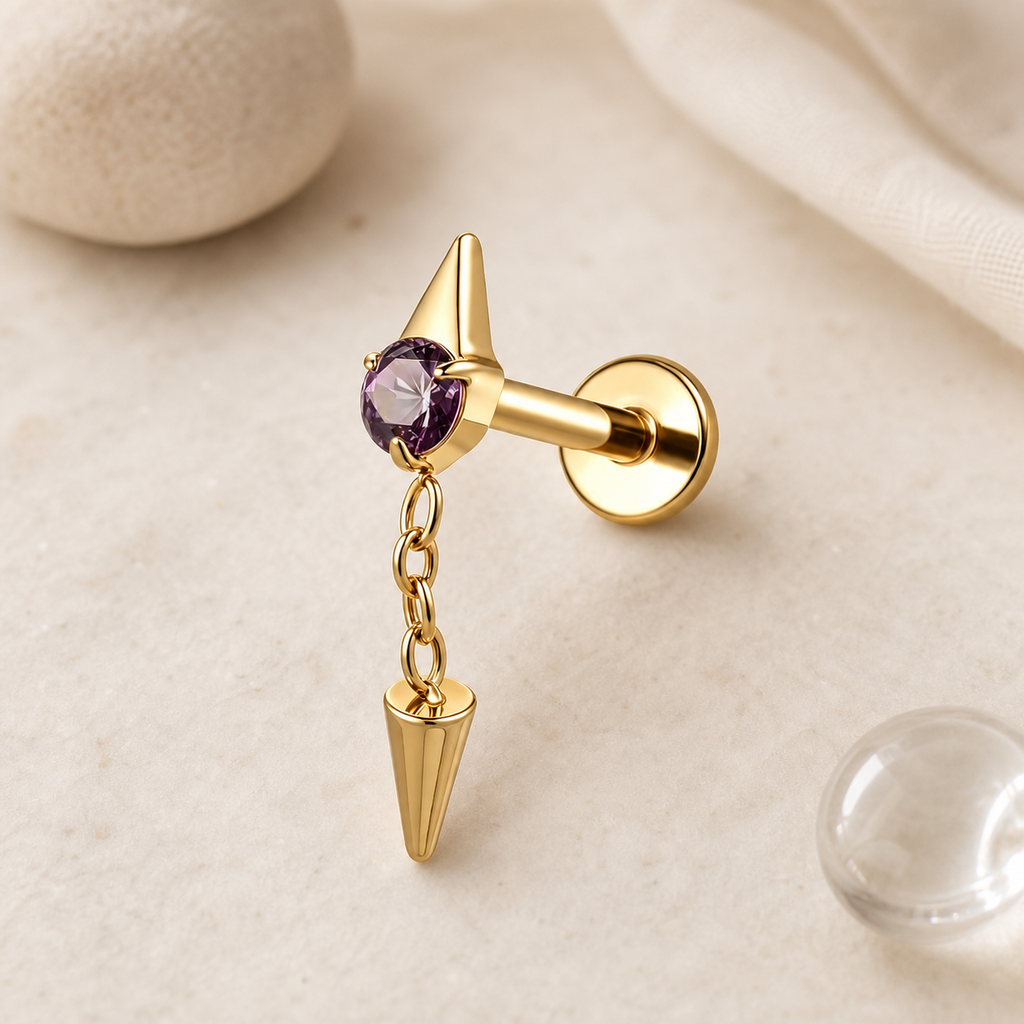 Purple ASTM F136 Titanium Flat Back - Gold, Threadless, 16G, 1.2 x 8+3+4 mm — styled flat lay (P-FB-0186-G01)
