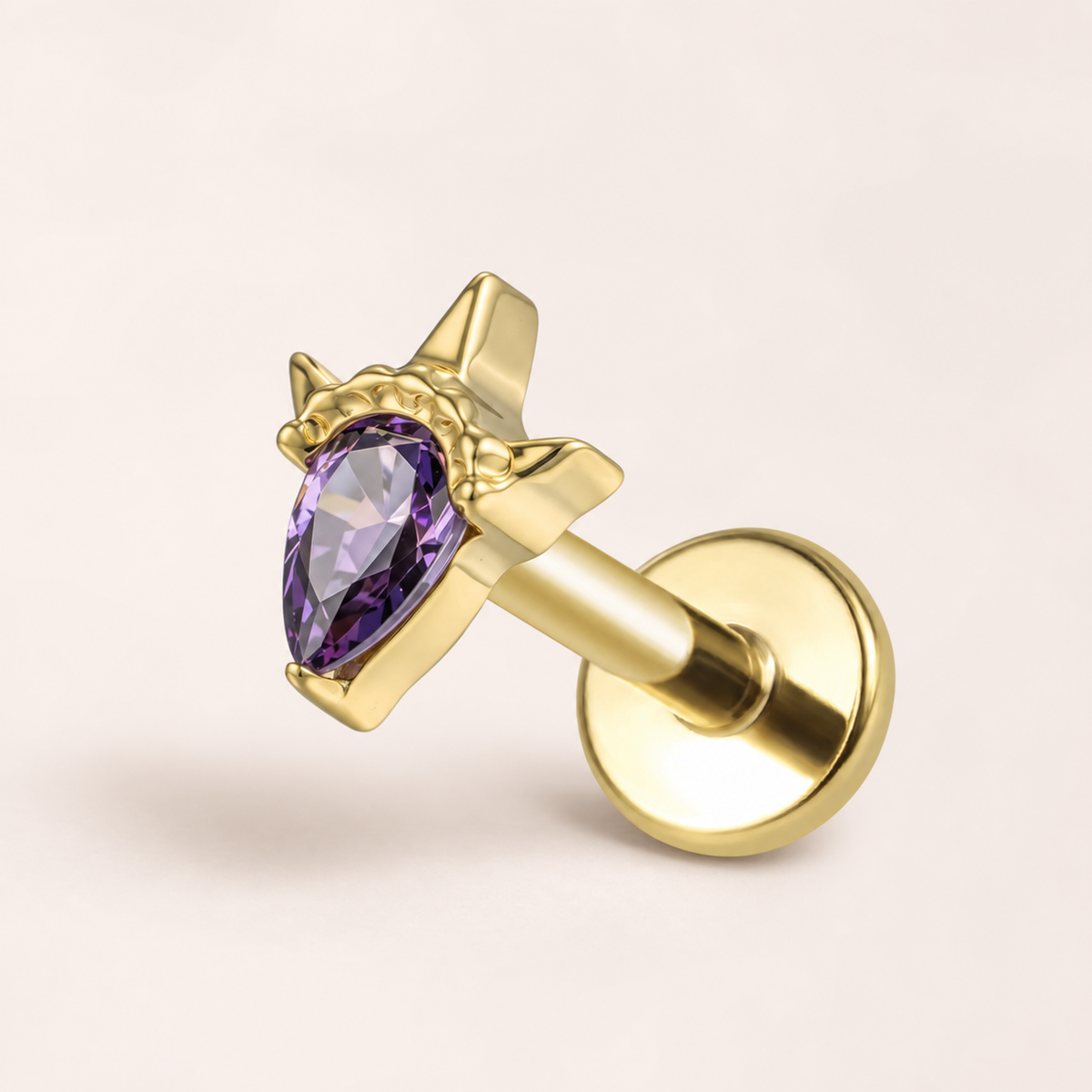 Purple CZ ASTM F136 Titanium Flat Back - Gold, Threadless, 16G, 1.2 x 6+7+4 mm — primary product image (P-FB-0187-G01)