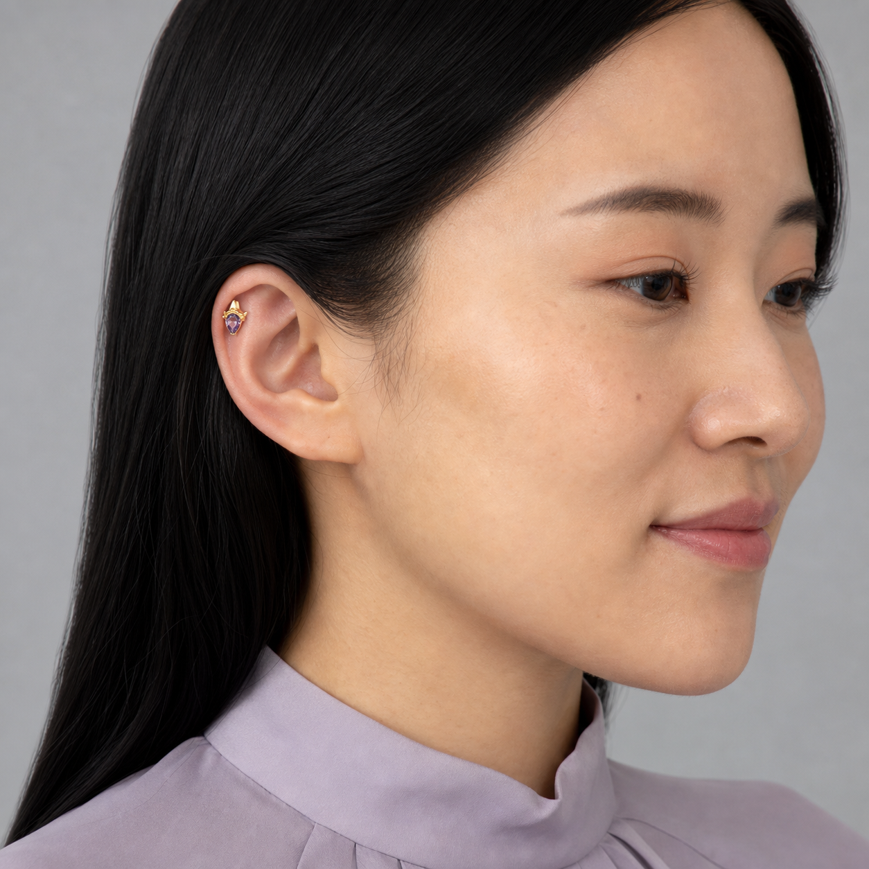 Purple CZ ASTM F136 Titanium Flat Back - Gold, Threadless, 16G, 1.2 x 6+7+4 mm — wearing view four (P-FB-0187-G01)