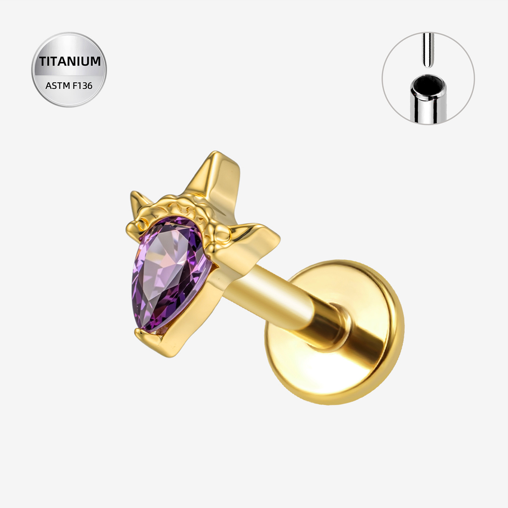 Purple CZ ASTM F136 Titanium Flat Back - Gold, Threadless, 16G, 1.2 x 6+7+4 mm — product detail views (P-FB-0187-G01)