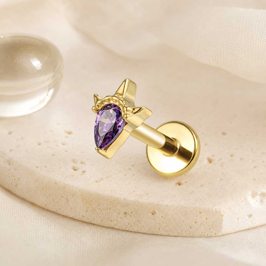 Purple CZ ASTM F136 Titanium Flat Back - Gold, Threadless, 16G, 1.2 x 6+7+4 mm — styled flat lay (P-FB-0187-G01)