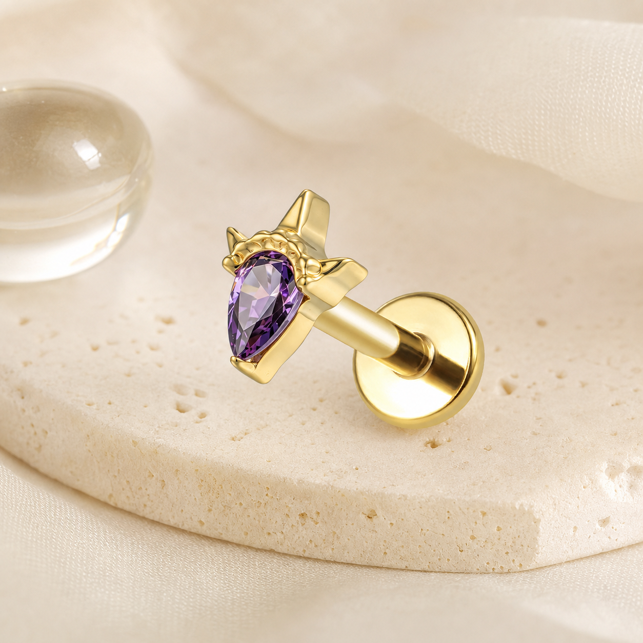 Purple CZ ASTM F136 Titanium Flat Back - Gold, Threadless, 16G, 1.2 x 6+7+4 mm — styled flat lay (P-FB-0187-G01)