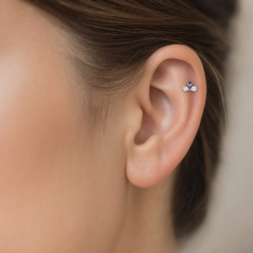 Purple ASTM F136 Titanium Flat Back - Silver, Internally Threaded, 16G, 1.2 x 6 mm — wearing view two (P-FB-0188-S01)