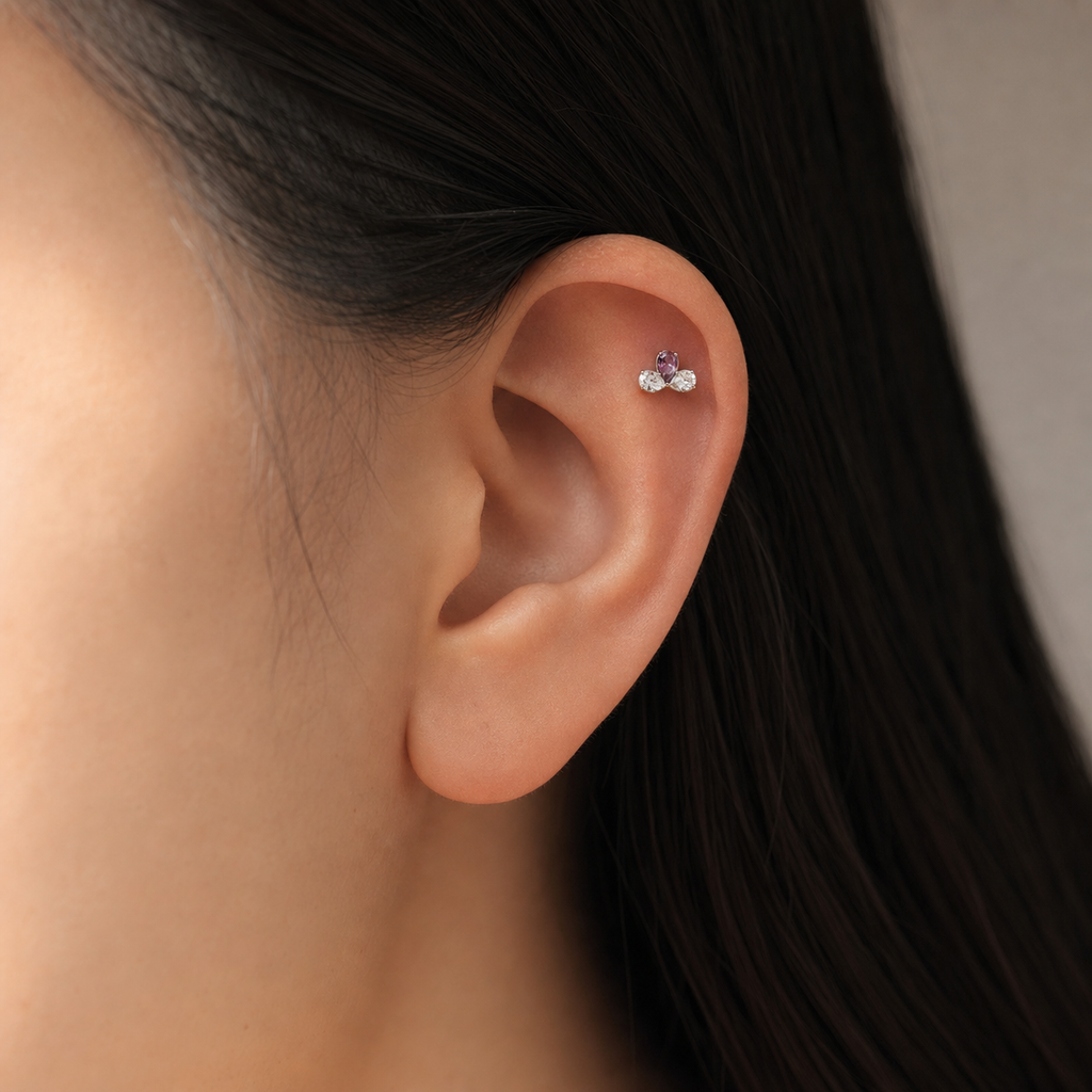 Purple ASTM F136 Titanium Flat Back - Silver, Internally Threaded, 16G, 1.2 x 6 mm — wearing view four (P-FB-0188-S01)