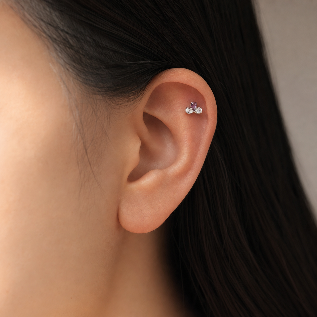 Purple ASTM F136 Titanium Flat Back - Silver, Internally Threaded, 16G, 1.2 x 6 mm — wearing view four (P-FB-0188-S01)