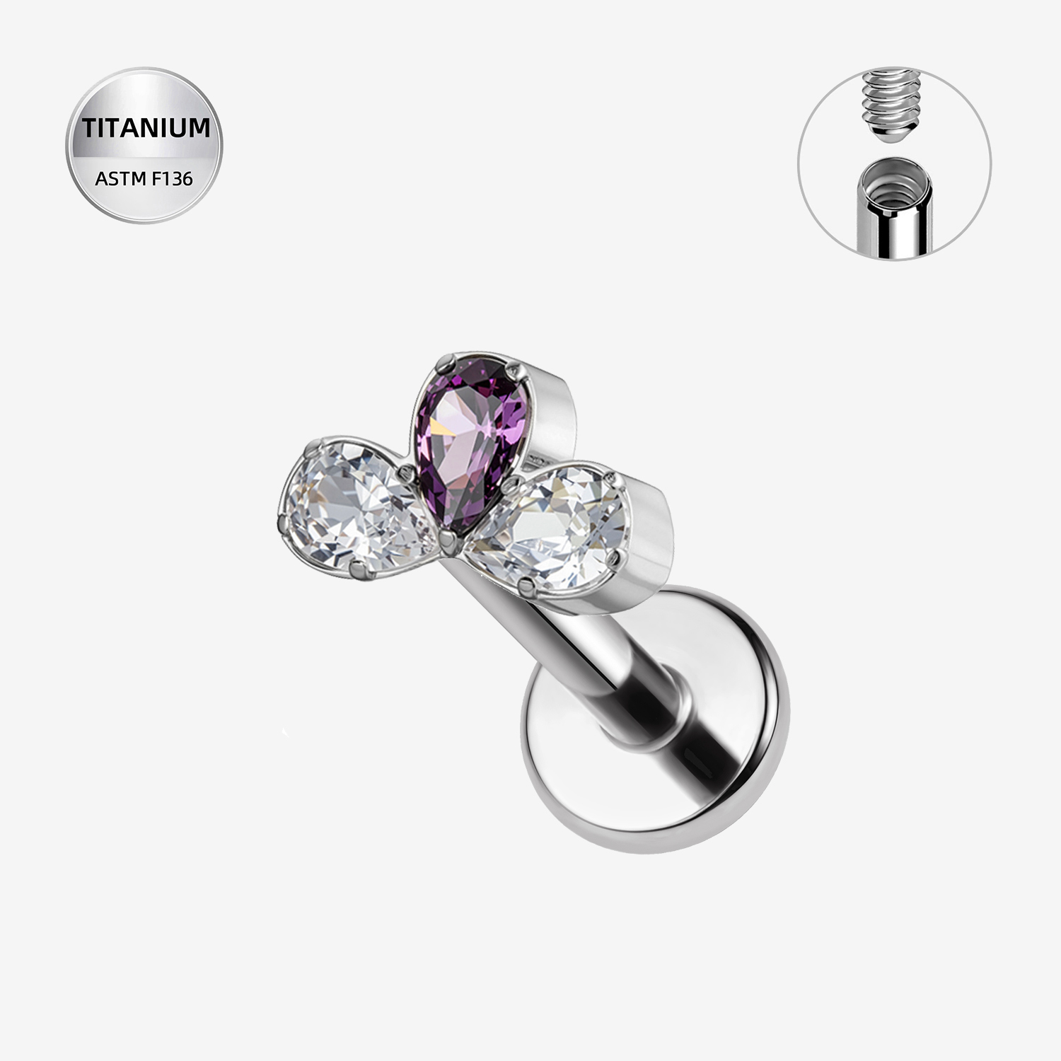 Purple ASTM F136 Titanium Flat Back - Silver, Internally Threaded, 16G, 1.2 x 6 mm — product detail views (P-FB-0188-S01)