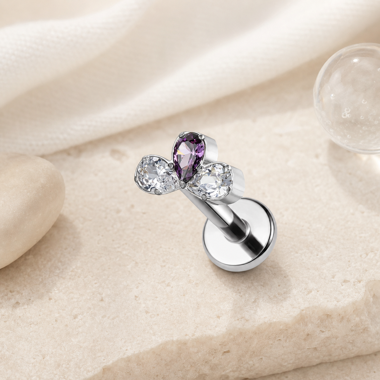 Purple ASTM F136 Titanium Flat Back - Silver, Internally Threaded, 16G, 1.2 x 6 mm — styled flat lay (P-FB-0188-S01)