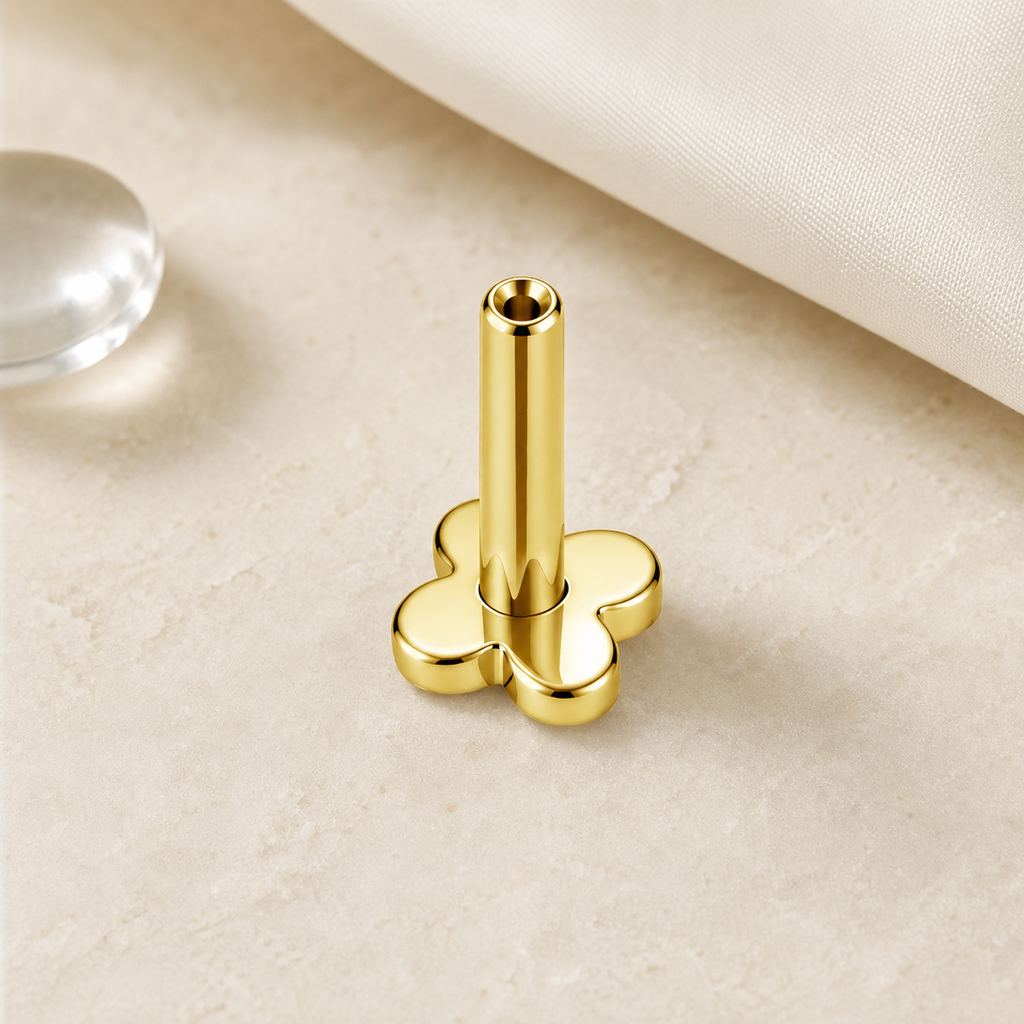 ASTM F136 Titanium Piercing Part - Gold, Threadless, 16G, 1.2 x 6+4 mm — styled flat lay (P-PT-0008-G01)
