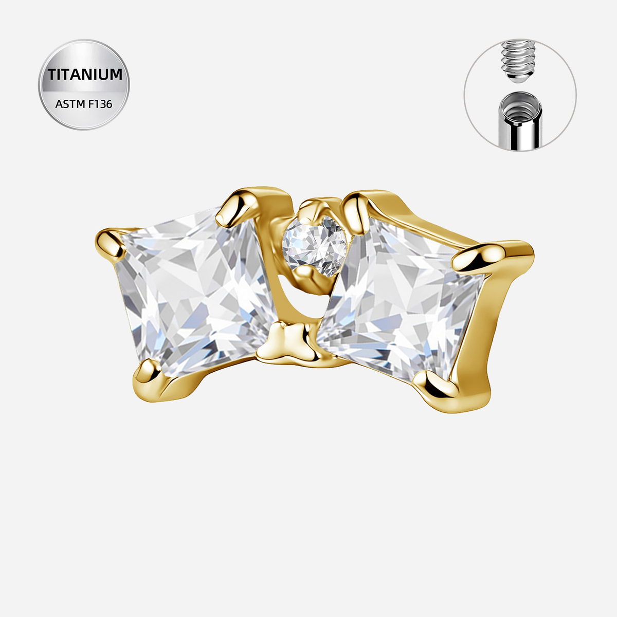 Clear CZ ASTM F136 Titanium Piercing Part - Gold, Internally Threaded, M0.9+7.0*3.8 mm — product detail views (P-PT-0009-G01)