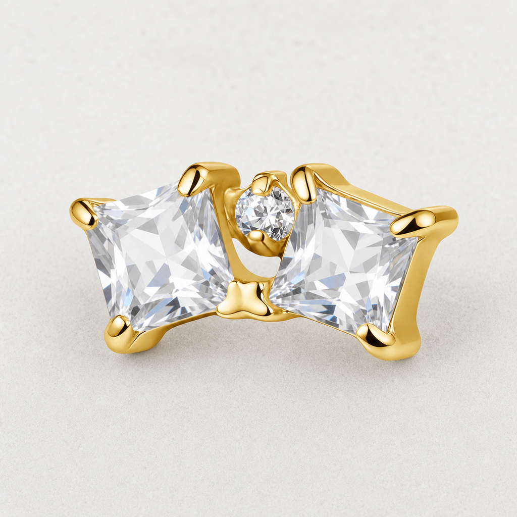 Clear CZ ASTM F136 Titanium Piercing Part - Gold, Internally Threaded, M0.9+7.0*3.8 mm — styled flat lay (P-PT-0009-G01)