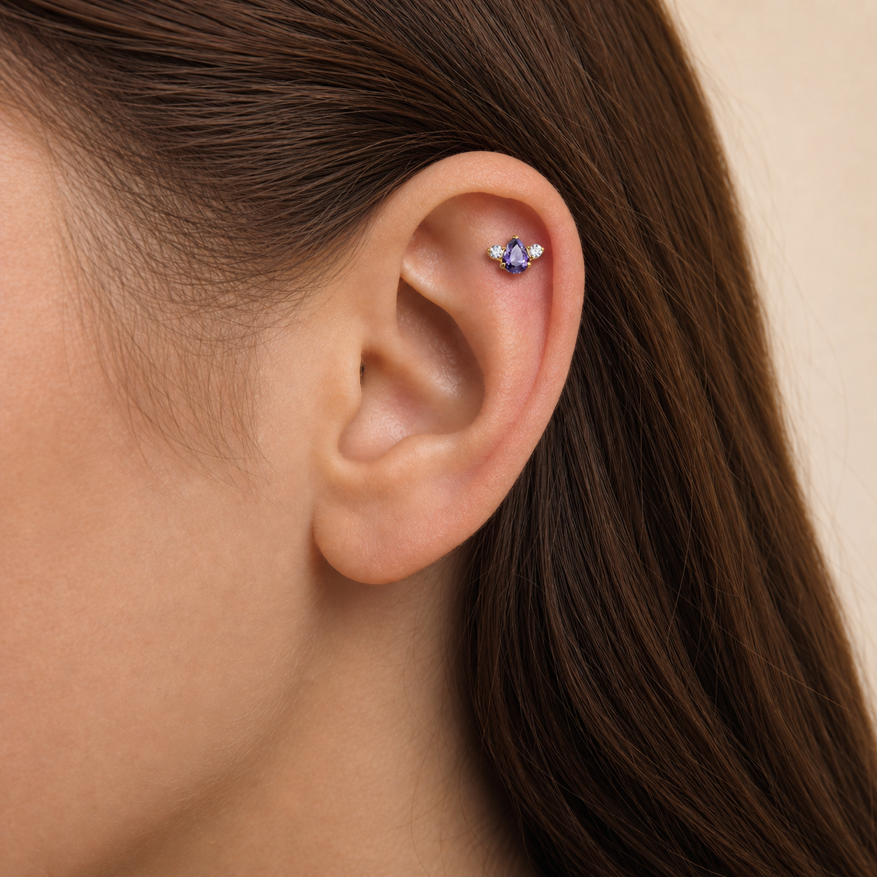 Purple ASTM F136 Titanium Piercing Part - Gold, Threadless — wearing view one (P-PT-0010-G01)