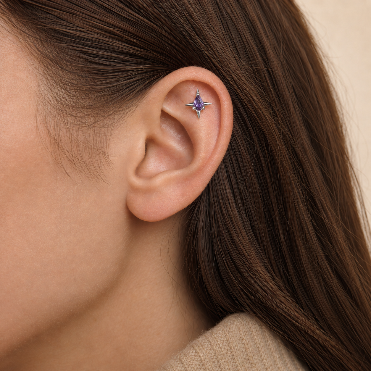Purple CZ ASTM F136 Titanium Piercing Part - Silver, Internally Threaded, M0.9 mm — wearing view one (P-PT-0012-S01)