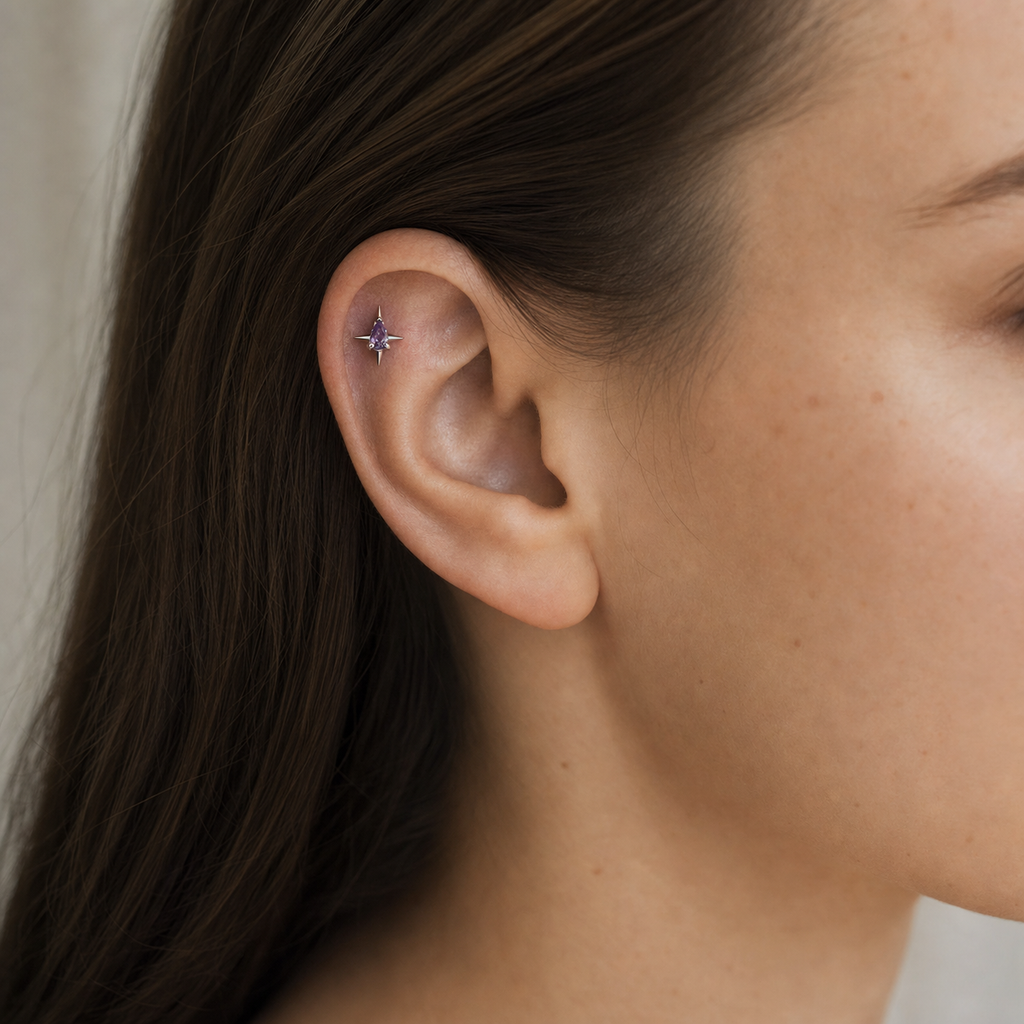 Purple CZ ASTM F136 Titanium Piercing Part - Silver, Internally Threaded, M0.9 mm — wearing view two (P-PT-0012-S01)