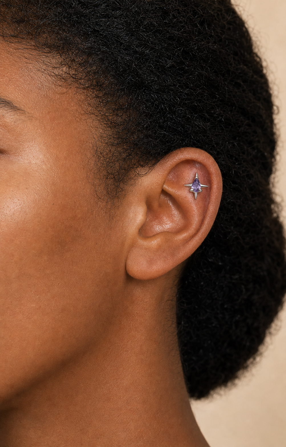 Purple CZ ASTM F136 Titanium Piercing Part - Silver, Internally Threaded, M0.9 mm — wearing view two (P-PT-0012-S01)