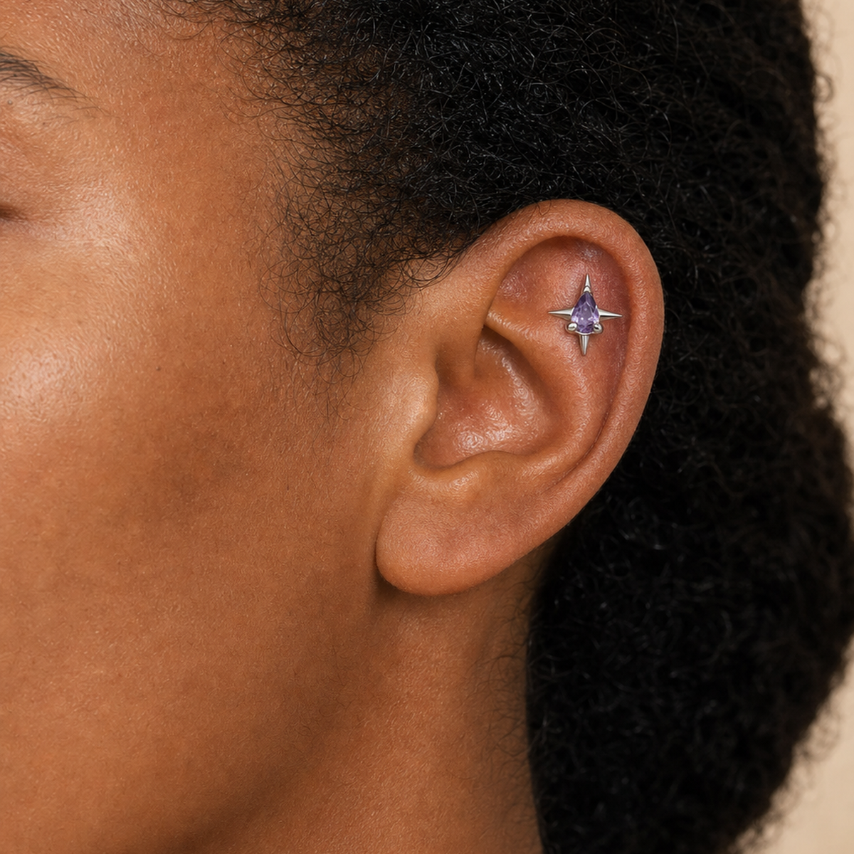 Purple CZ ASTM F136 Titanium Piercing Part - Silver, Internally Threaded, M0.9 mm — wearing view three (P-PT-0012-S01)