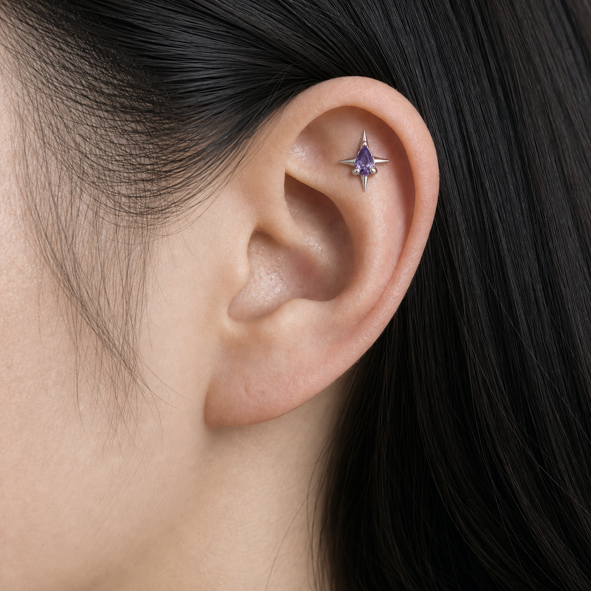 Purple CZ ASTM F136 Titanium Piercing Part - Silver, Internally Threaded, M0.9 mm — wearing view four (P-PT-0012-S01)