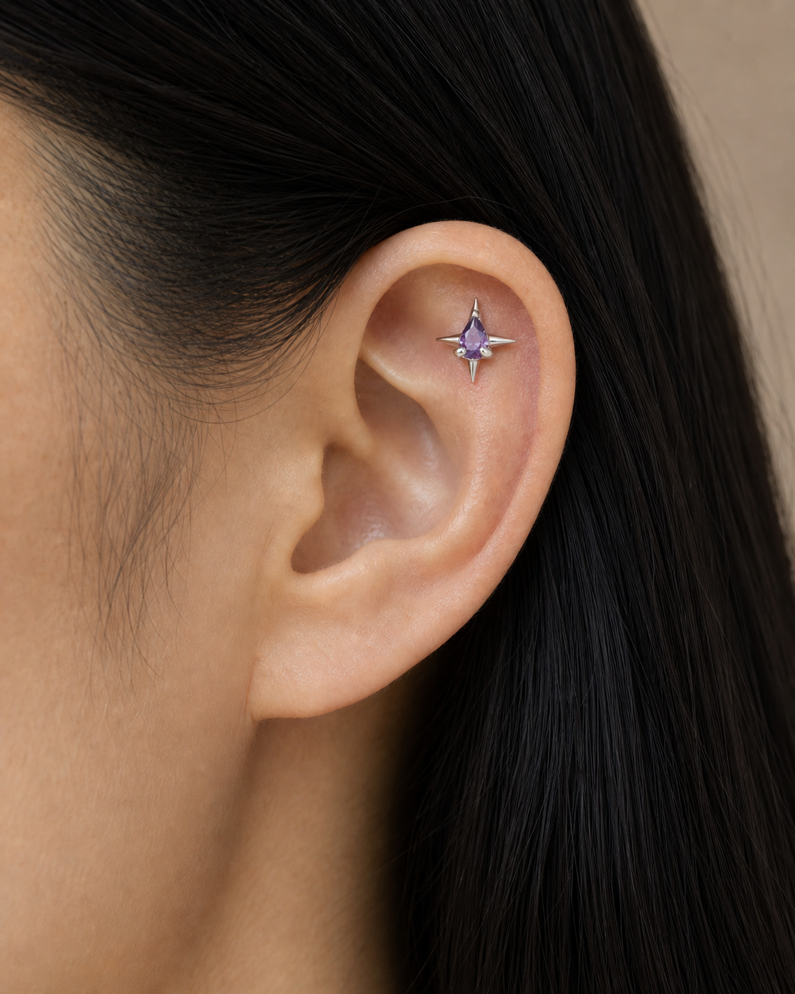 Purple CZ ASTM F136 Titanium Piercing Part - Silver, Internally Threaded, M0.9 mm — product detail views (P-PT-0012-S01)