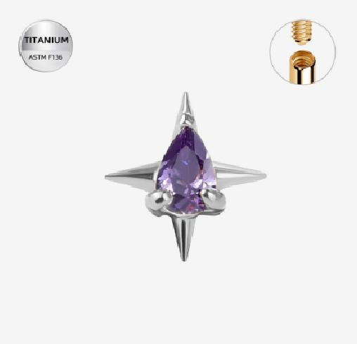Purple CZ ASTM F136 Titanium Piercing Part - Silver, Internally Threaded, M0.9 mm — product detail views (P-PT-0012-S01)