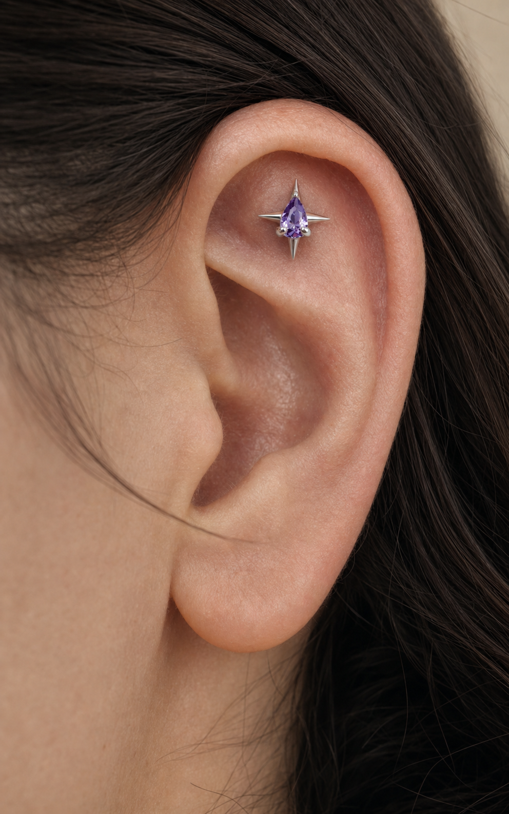 Purple CZ ASTM F136 Titanium Piercing Part - Silver, Internally Threaded, M0.9 mm — styled flat lay (P-PT-0012-S01)