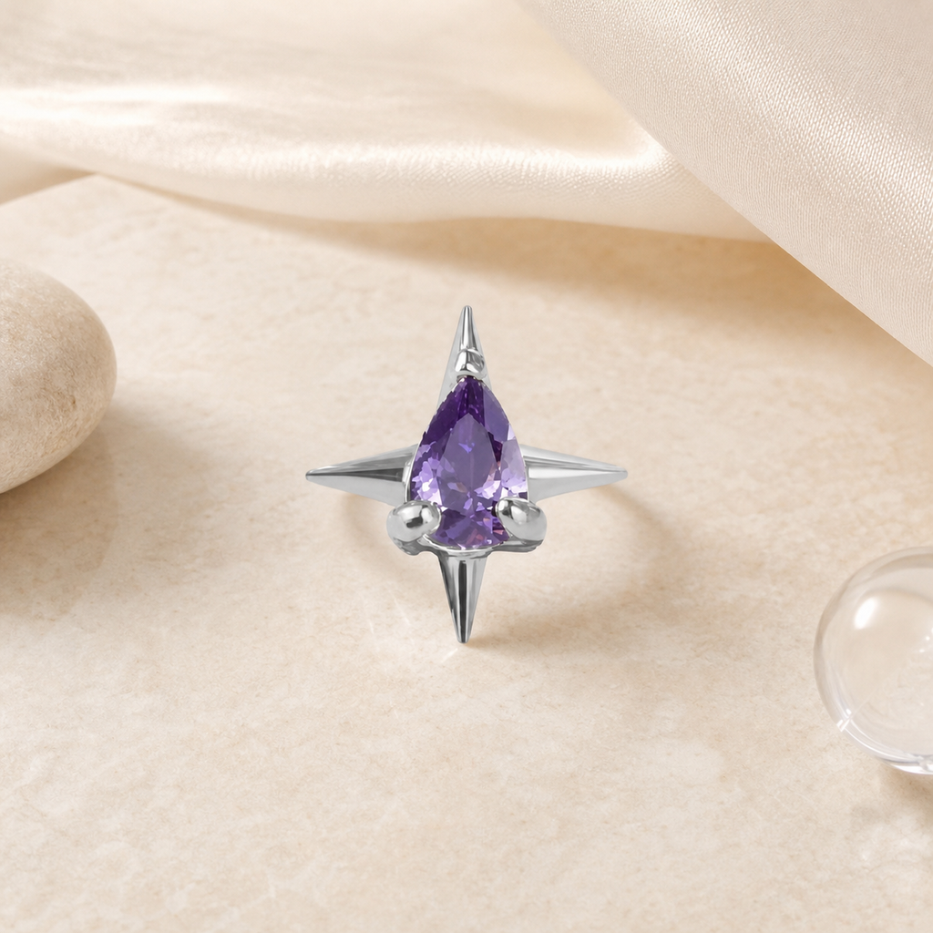 Purple CZ ASTM F136 Titanium Piercing Part - Silver, Internally Threaded, M0.9 mm — styled flat lay (P-PT-0012-S01)