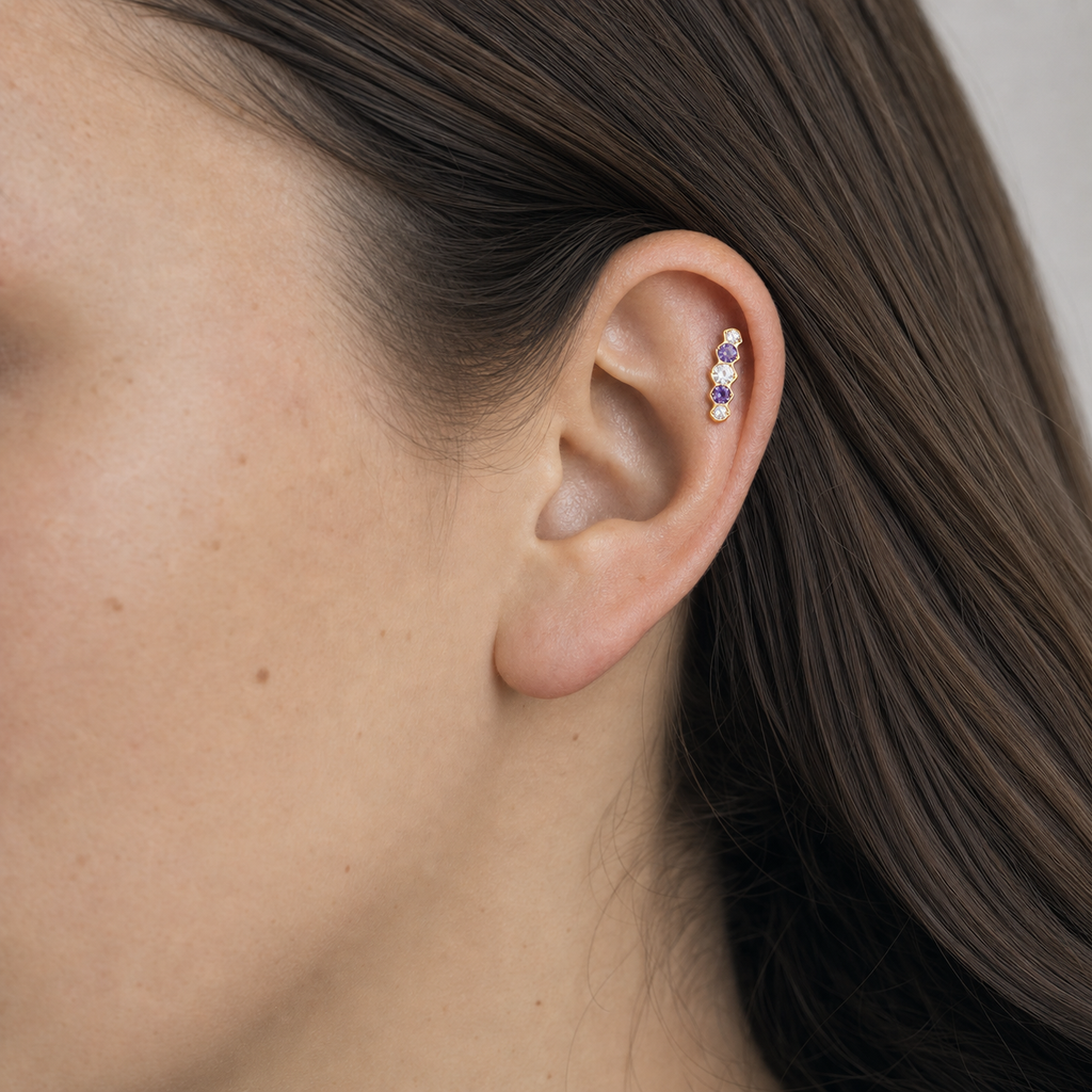 Clear and Purple ASTM F136 Titanium Piercing Part - Gold, Internally Threaded, 0.9 mm — wearing view two (P-PT-0013-G01)