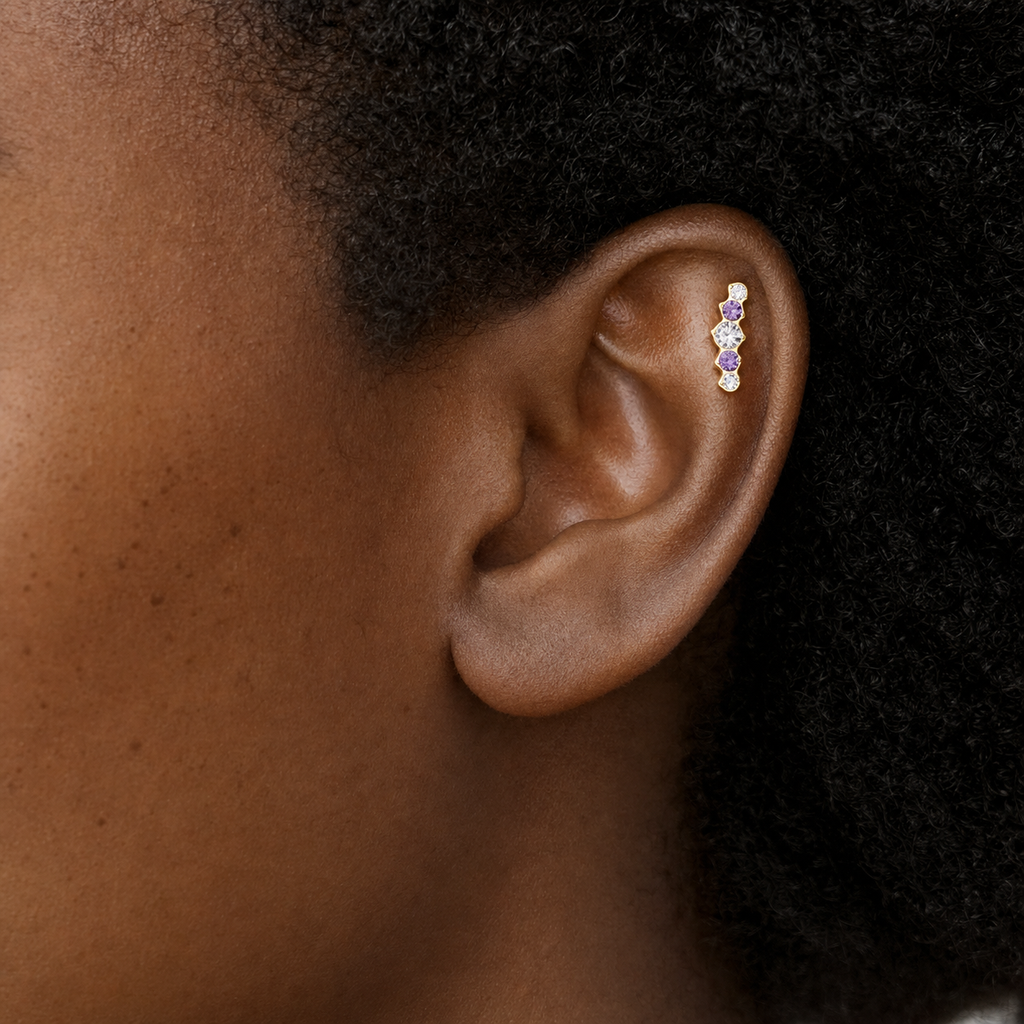 Clear and Purple ASTM F136 Titanium Piercing Part - Gold, Internally Threaded, 0.9 mm — wearing view three (P-PT-0013-G01)